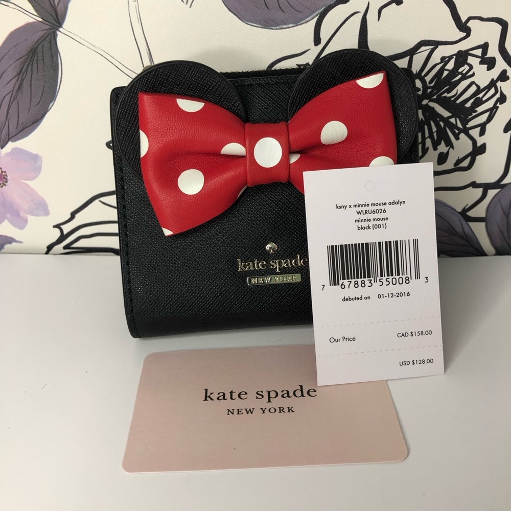 Kate Spade Disney Minnie Mouse Bow Adalyn Leather Bifold Compact Wallet Black
